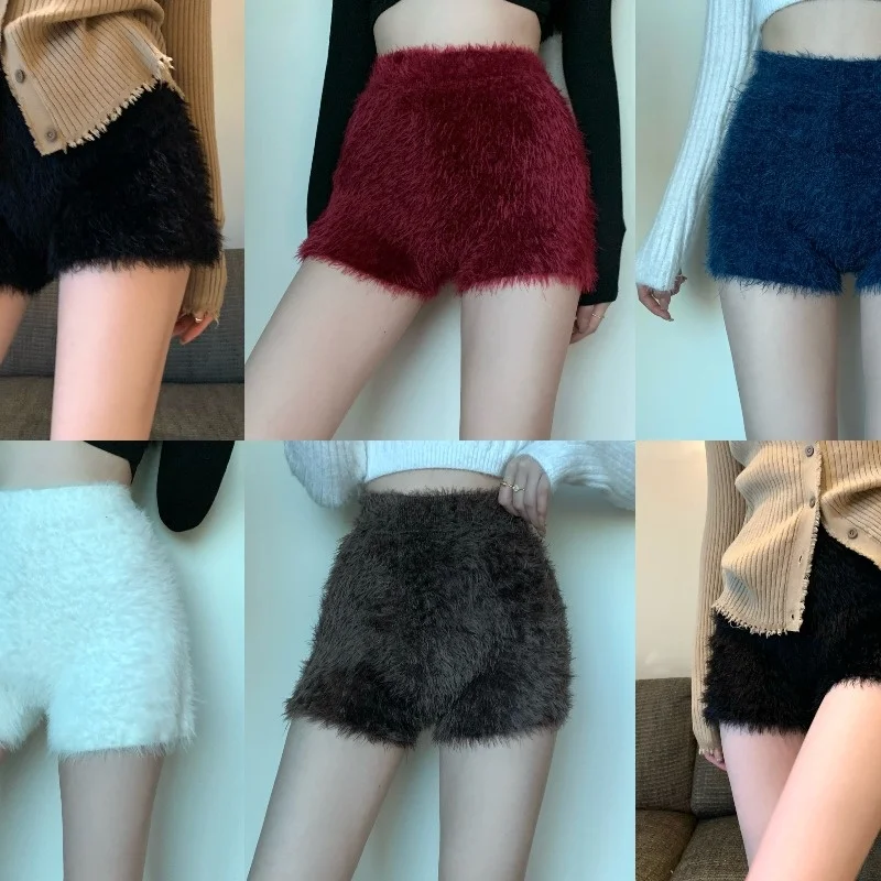 

2022 Spring And Winter Women's Thick Mohair Fur Shorts High Waist Stretch Knitted Boots Thick Fur Warm Short Trousers