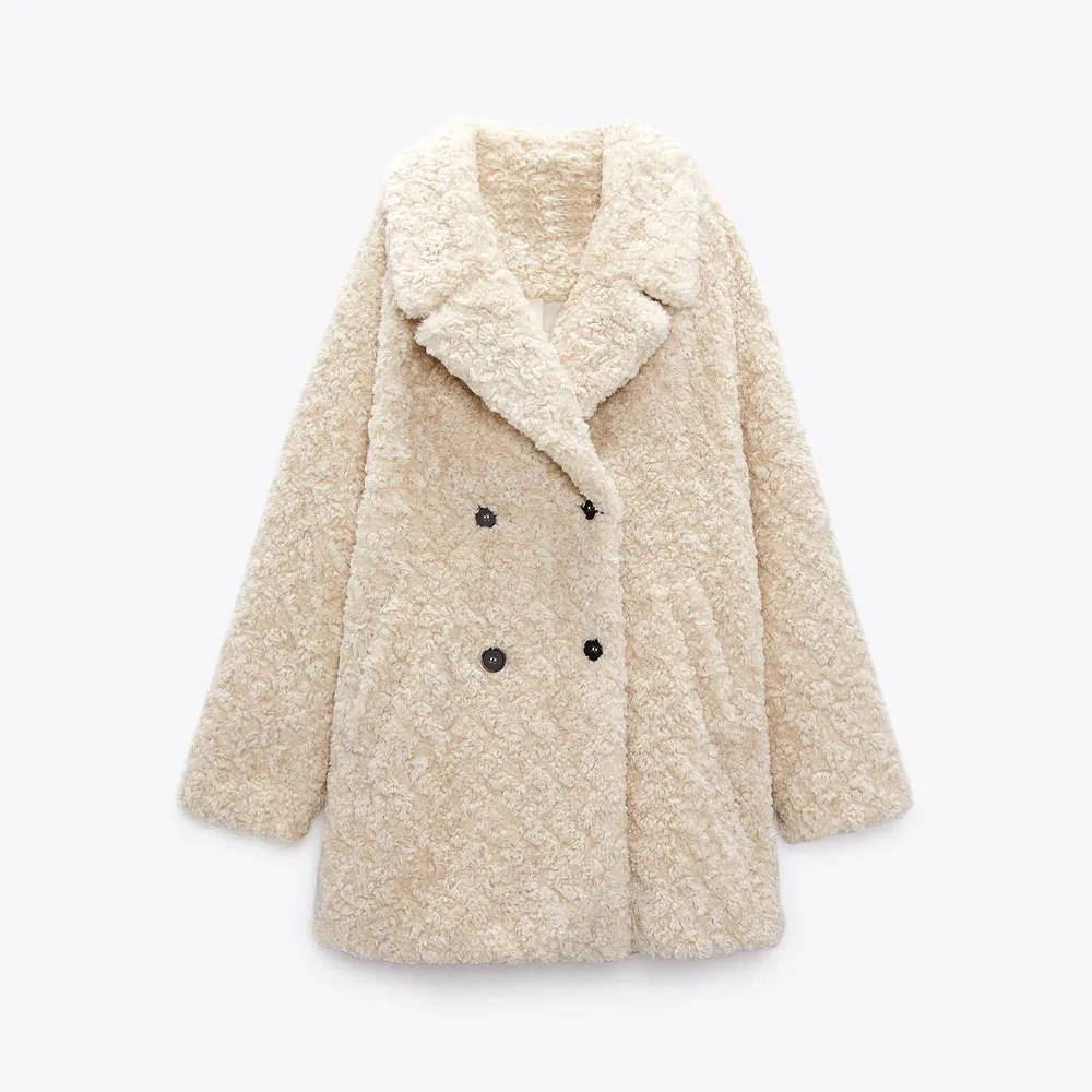 Fall and winter new women's casual sweet versatile lapel long sleeve artificial fur effect warm coat coat