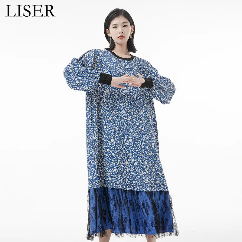 

Fashion Casual Floral Long-Sleeved Dress Women 2022 Spring New Loose Fit Stitching Mesh Round Neck Pullover Dress Black LISER