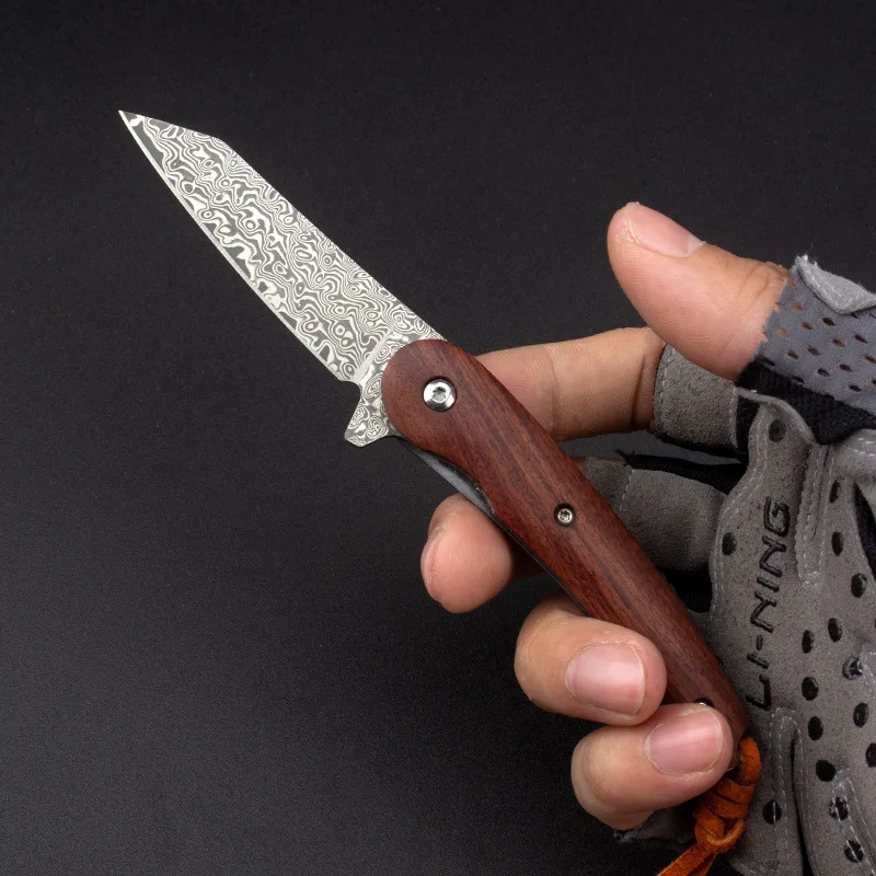 

Mini Folding Knife 9Cr18Mov Damascus Steel Blade Rosewood Handle Portable Outdoor Pocket Knives