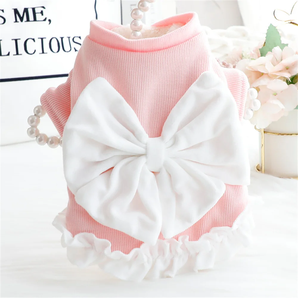 

Ins Winter Bow Princess Dress Plush Thickened Warm Puppy For Small Dresses Chihuahua Bichon Bow Party Dress Winter Dogs Jumpsuit