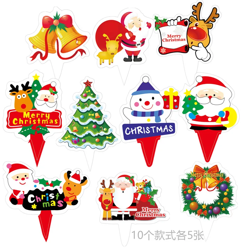 

50pcs Cake Decoration Supplies Papercard Santa Claus Sled Snowman Happy New Year Cupcake Sign Card Merry Christmas Toppers