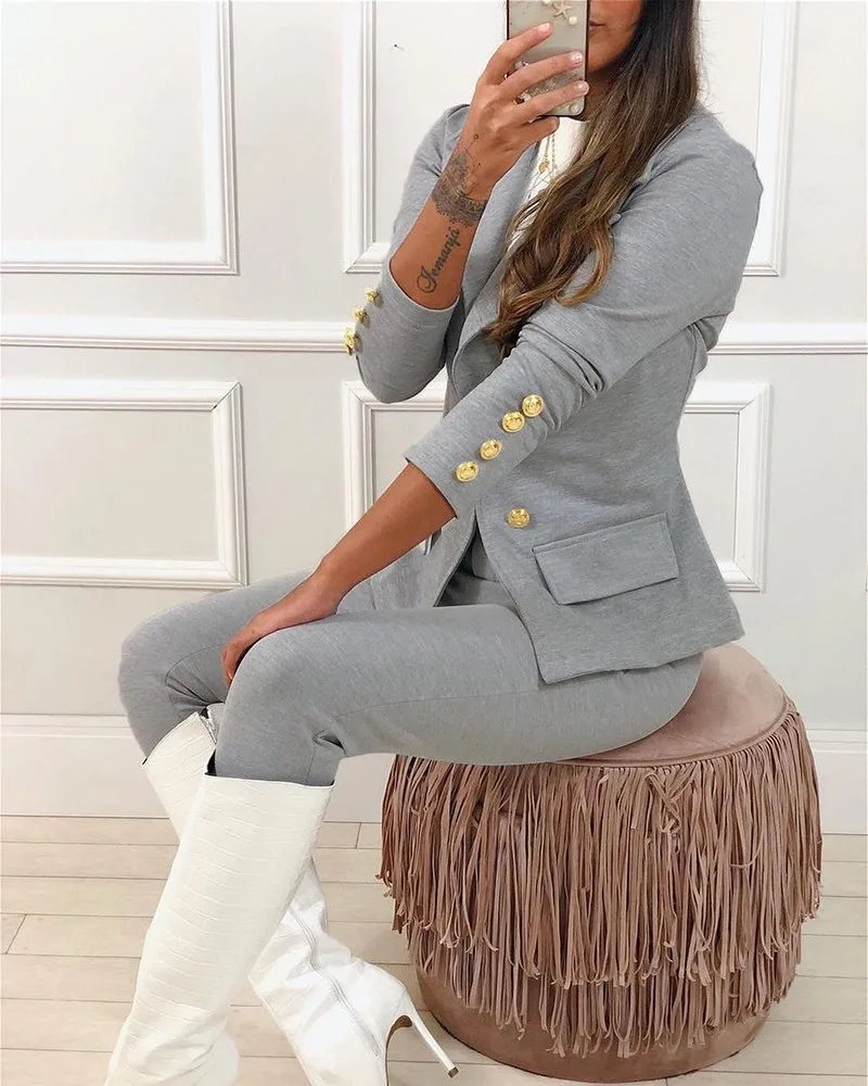 

Women Blazer Solid Color Double Breasted Button Pocket Decor Long Sleeve Blazer Coat Jacket Autumn Winter