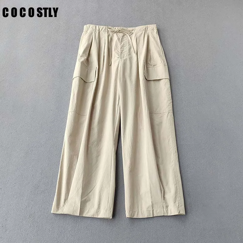 

2023 Woman Chic High Street Lace Up Zip Fly Pocket Cargo Pants Female Fashion Casual Loose Y2k Bib Overall Wide Leg Trousers New