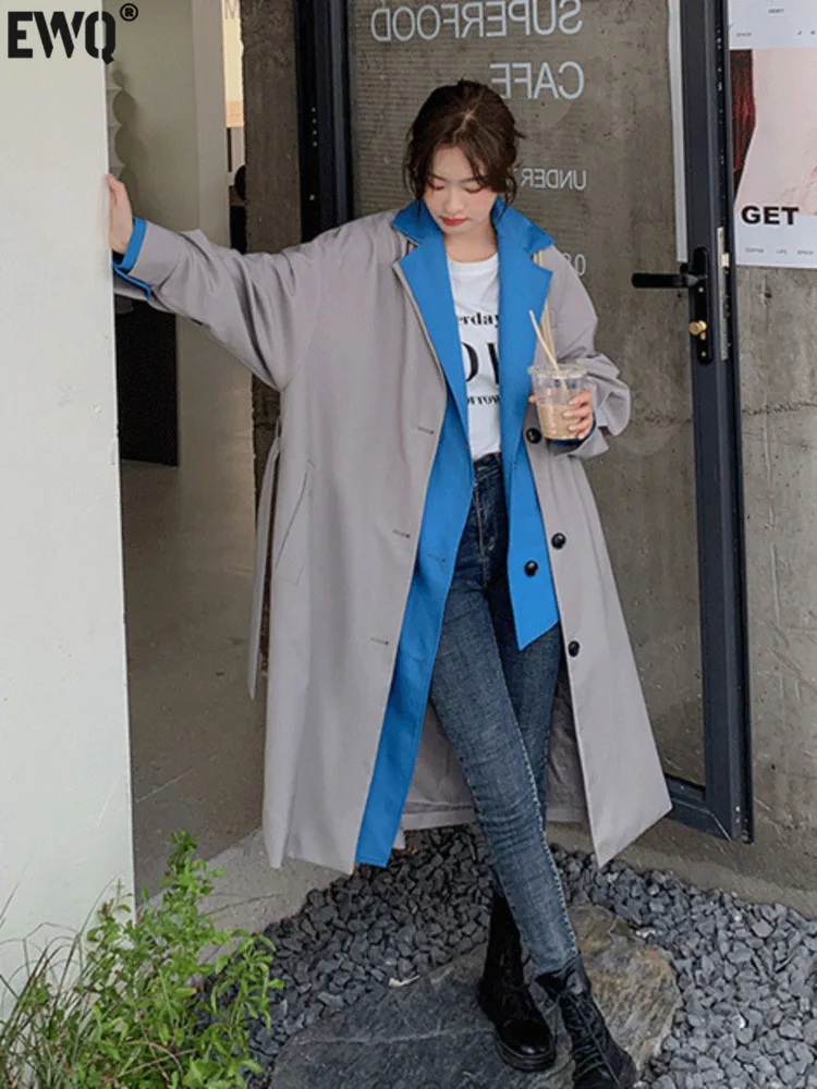 

[EWQ] Long Sleeve Trench Coat Outwear Fake Two Piece Fashion Trend Ladies Clothing Women's Windbreaker 2023 Spring New 16Y2958