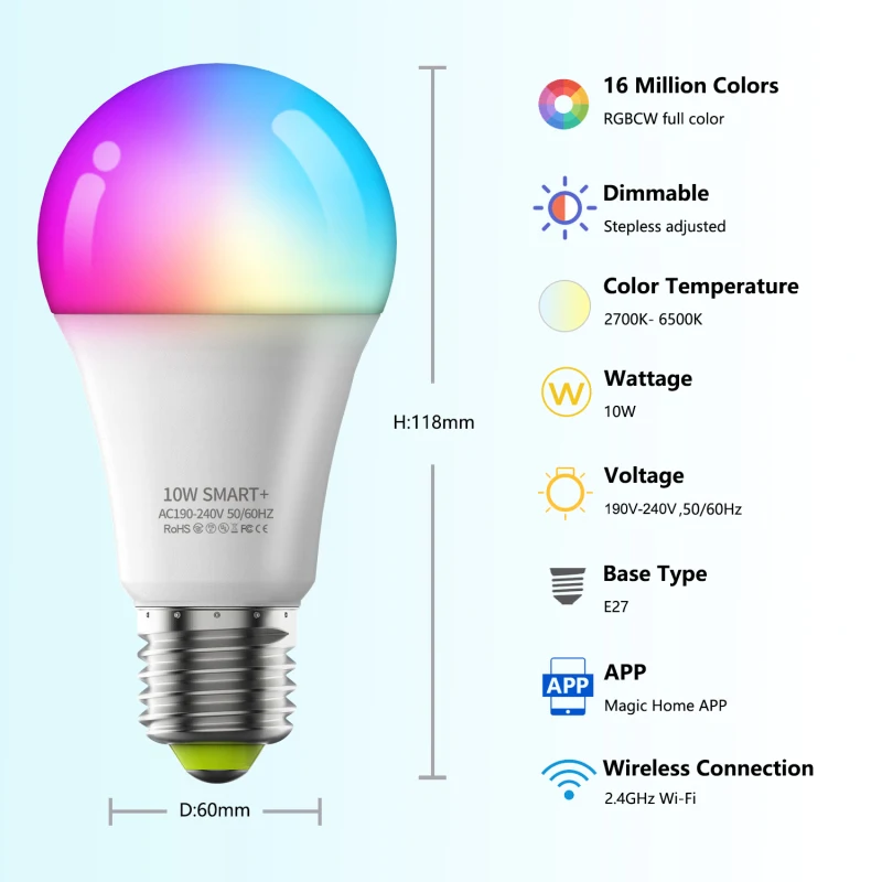 

E27 10W WiFi Smart Bulb Smart Home 10W RGBW Light Dimmable Timer Function Colorful Light Bulb Remote Controller Lamp 2700k-6500k