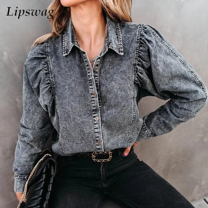

Autumn Casual Loose Women Jean Tops Blouses Elegant Draped Long Sleeve Denim Blouse Lady Fashion Button Lapel Office Shirt Blusa
