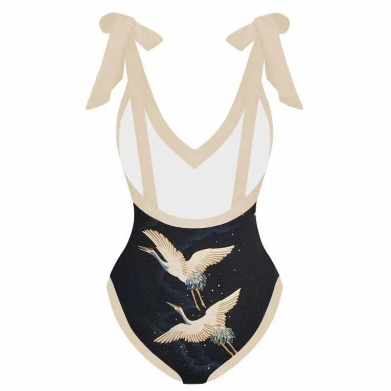 Crane Print OnePiece Swimsuit Luxury Micro Bikini and Cover Up Elegant Butterfly Strap Swimwear Women Beachwear Skirts 2023