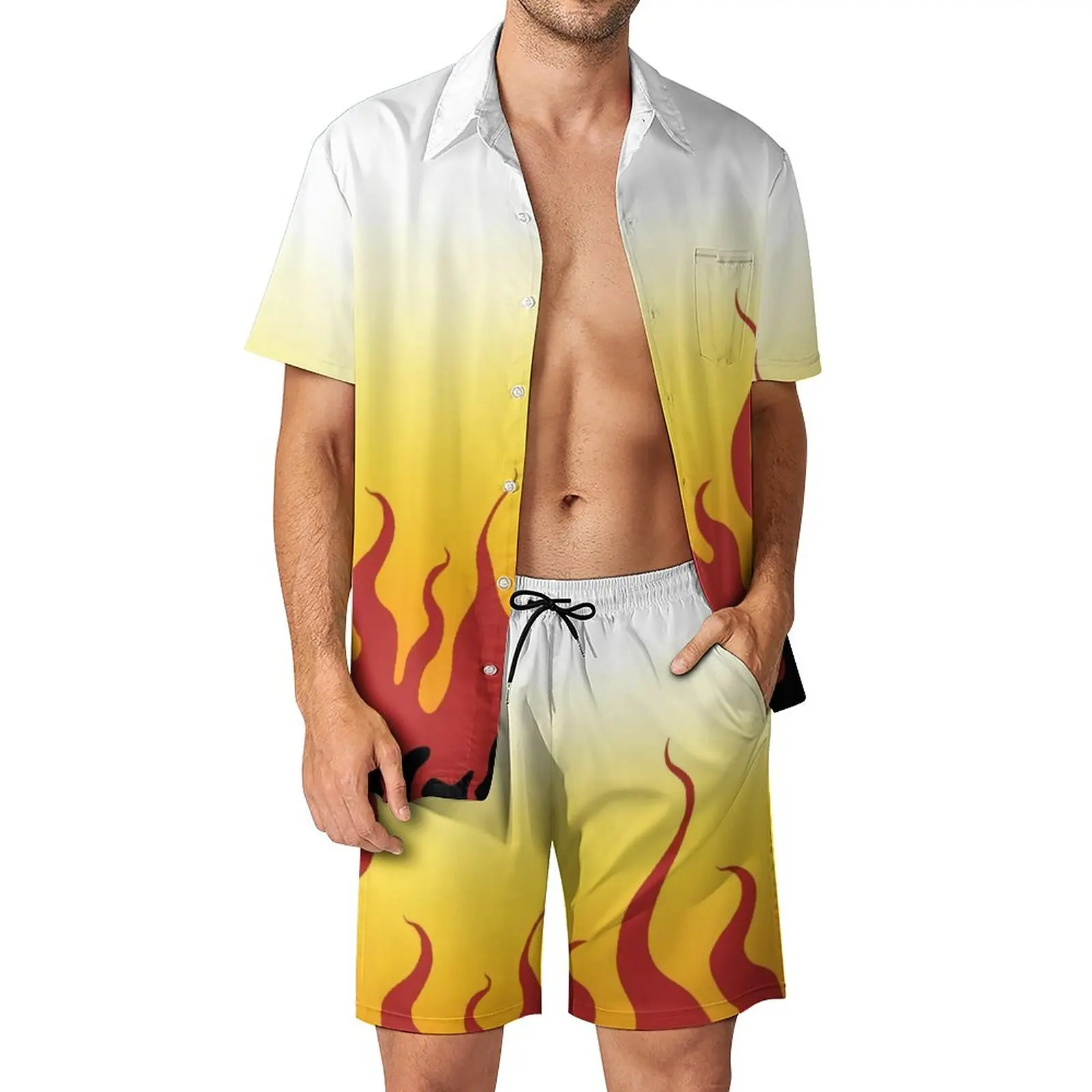 

Костюм Rengoku Kyoujurou мужской повседневный, рубашка с рисунком огня, рассекающий демонов, шорты для отпуска, из аниме «No Yaiba»