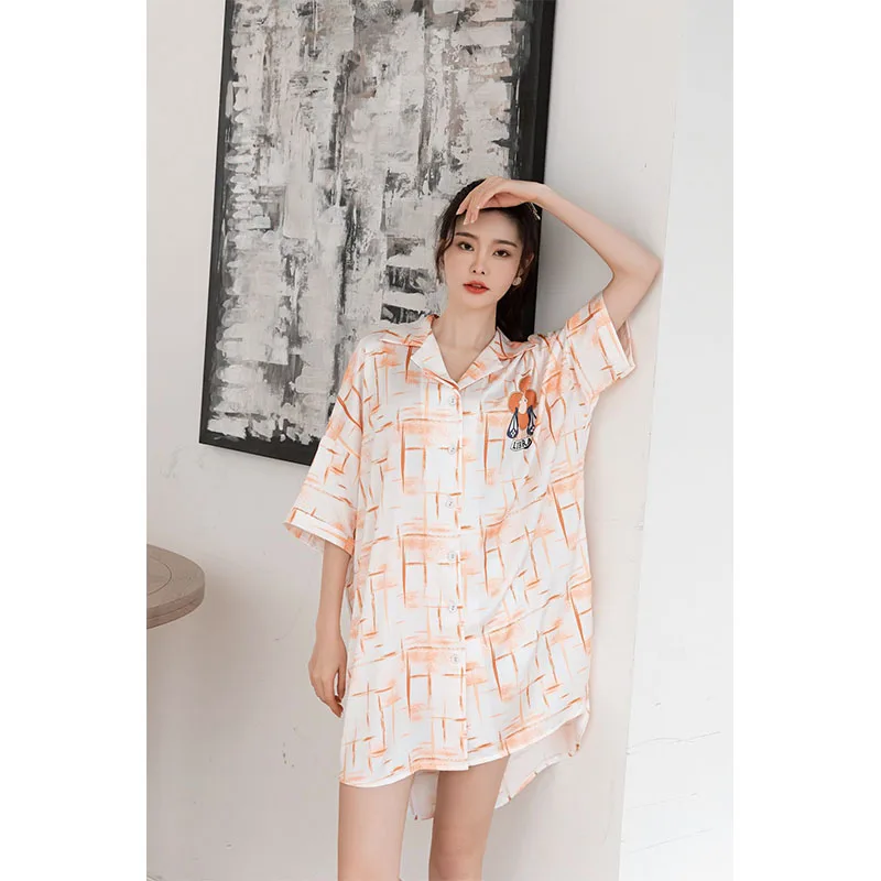 YFTNH Summer Silk Womens NightGown Fashion Bear Printing Loose Short Sleeve Nightshirts Pajamas Sleepwear  Sexy Nightdress