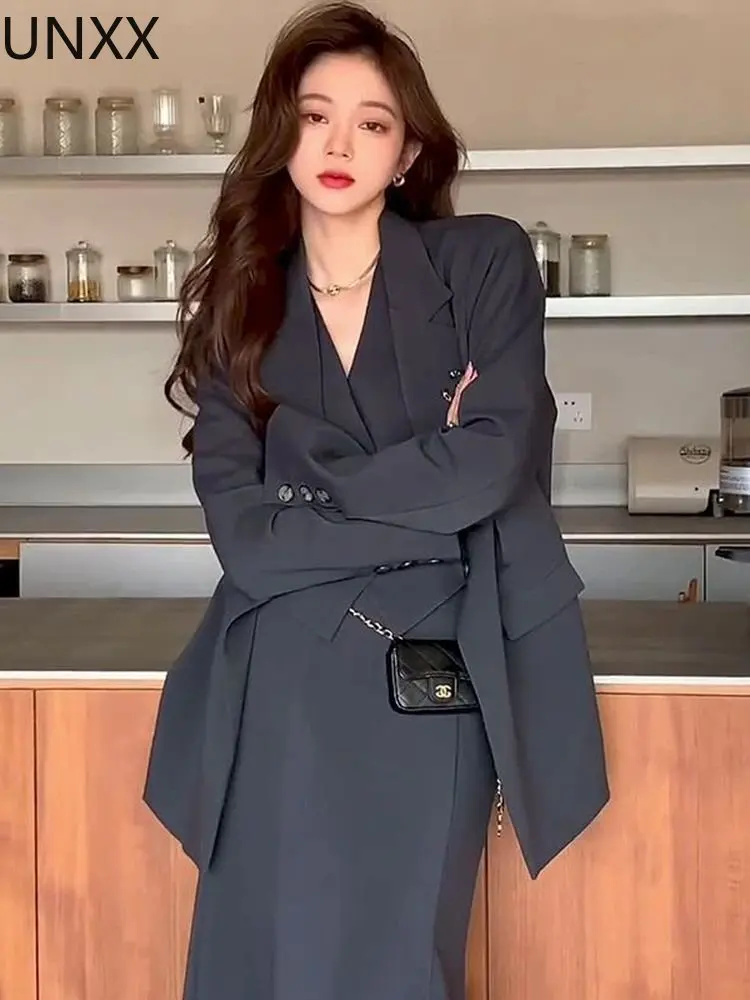

Весна-Осень 2023, новый комплект UNXX, Женский Повседневный модный костюм из трех предметов: куртка + жилет + юбка средней длины