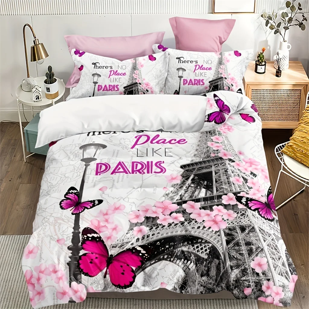 

Pink Flower Eiffel Tower Butterfly Girl Kids Durex Quilt 3Pcs Twin King Full Size Duvet Cover Bedding Linen Set Bedspread240x220