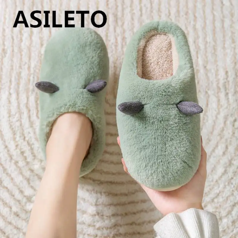 

ASILETO 2022 зимние хлопковые тапочки для женщин домашняя толстая подошва теплые плюшевые влюбленные мужские милые туфли мягкая искусственная 45...
