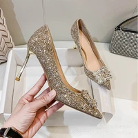 gold wedding shoes crystal slippers sequin pointed toe stiletto shoes bridesmaid bride champagne high heels