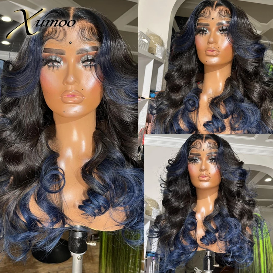 XUMOO Highlight Blue Colored 13×4 Lace Front Wigs For Women Pre-Plucked Transparent Lace Brazilian Remy Human Hair Gluelss Wig