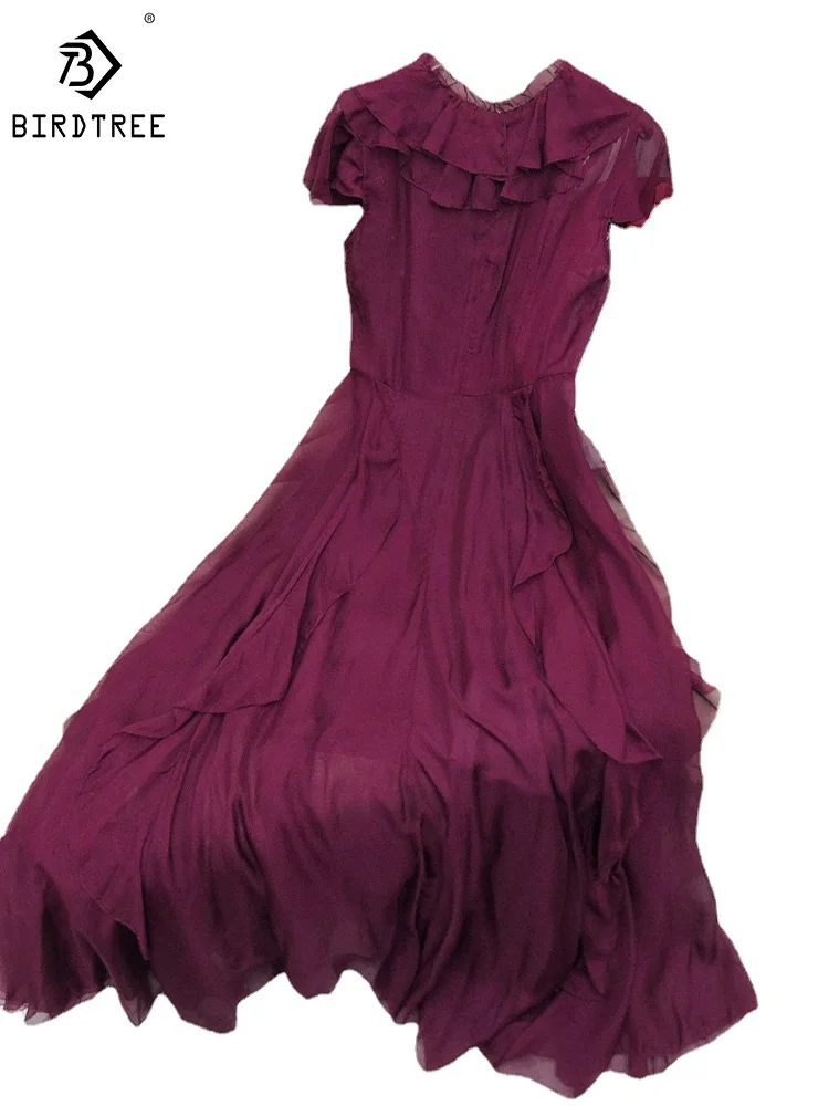 

Birdtree 100% Mulberry Silk Dress Women's V-neck Fashion Slim Ruffled Burgundy Cocktail Formal Dress Women New Summer D36530QM