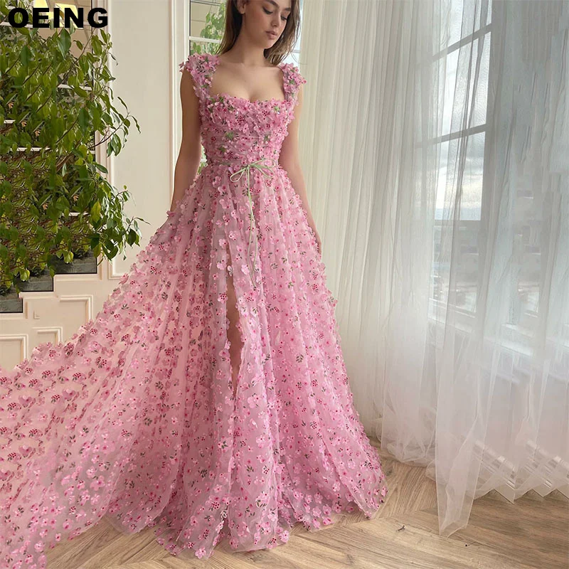 

OEING Pink Flowered A-LINE Evening Dresses Appliques Sweetheart Floor-Length Princess Ruffles Prom Dress For Special Occasion