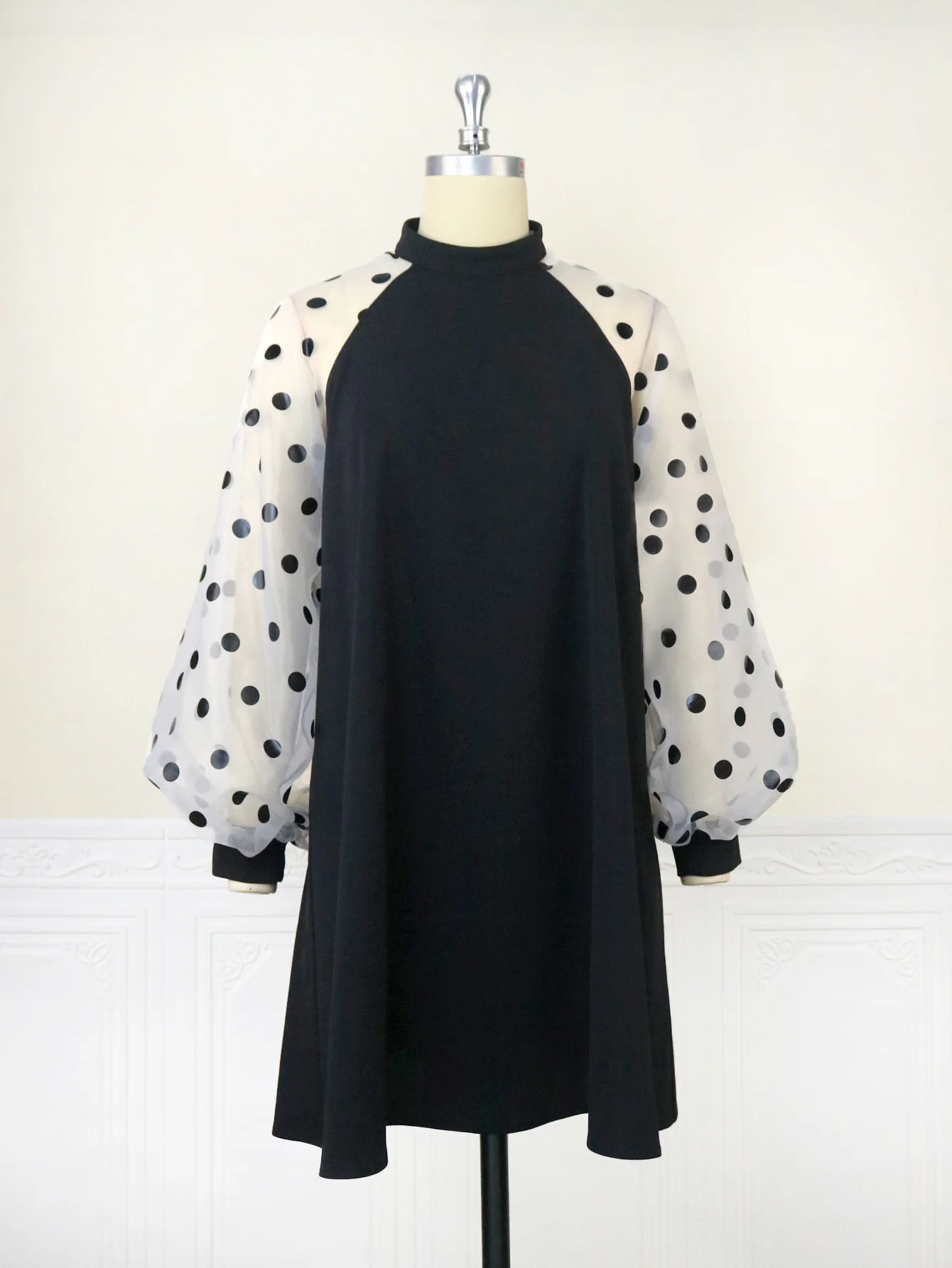 Plus Size Women's Dress Stand Collar Lantern Sleeve Polka Dot Dress Daily Commuting Comfortable Raglan Sleeve A-line Dress