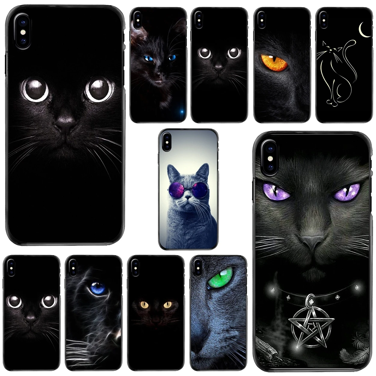 

For Apple iPhone 11 12 13 14 Pro MAX Mini 5 5S SE 6 6S 7 8 Plus 10 X XR XS Black Cat Staring Eyes Hard Phone Shell Case