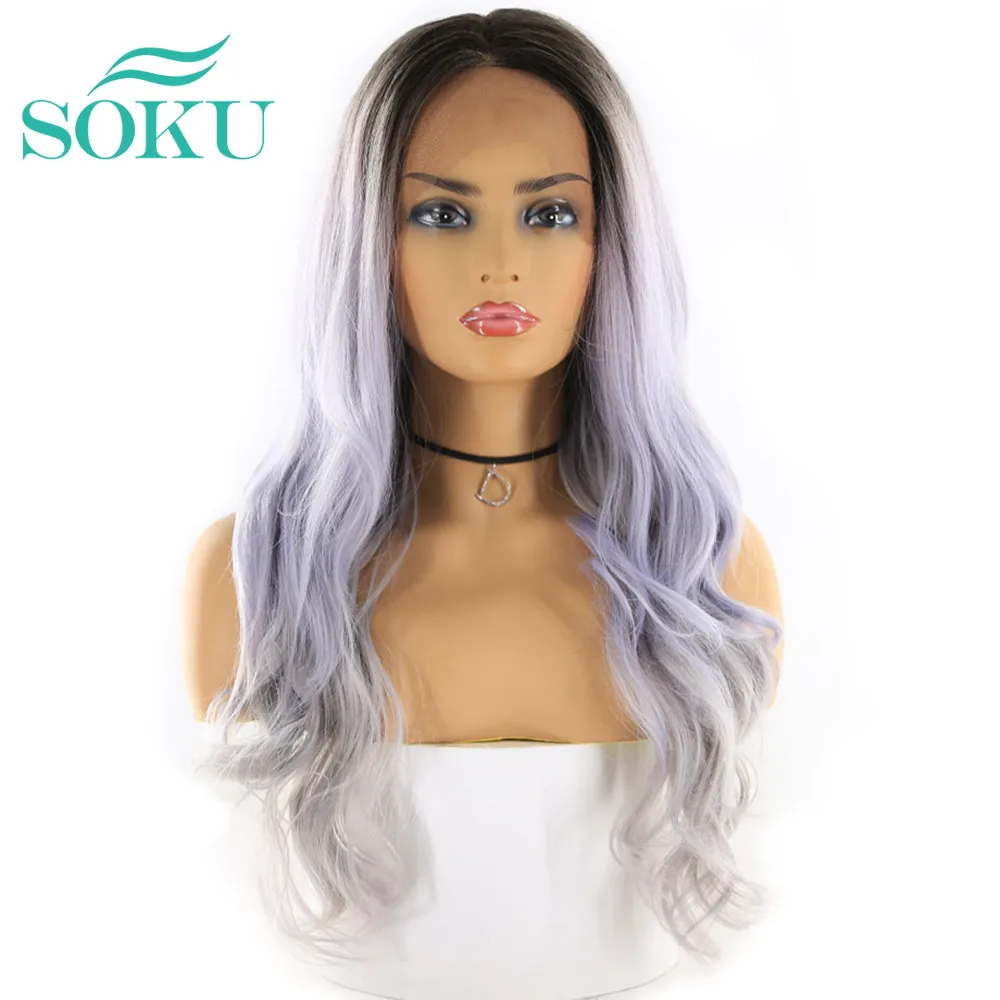 Фото 13X4 Lace Frontal Wig Ombre Purple Gery Synthetic Front Wigs For Black Women Free Part SOKU Long Body Wave Hairpiece | Шиньоны и парики
