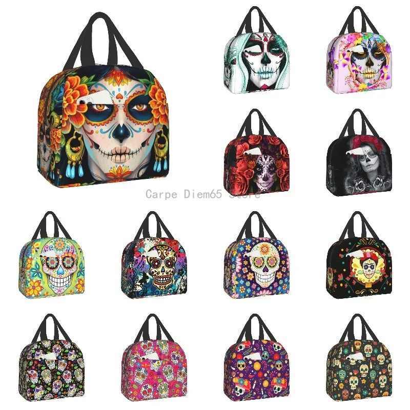 

Day Of The Dead Sugar Skull Insulated Lunch Bags for School Office La Calavera Catrina Warm Cooler Thermal Lunch Box Women Kids