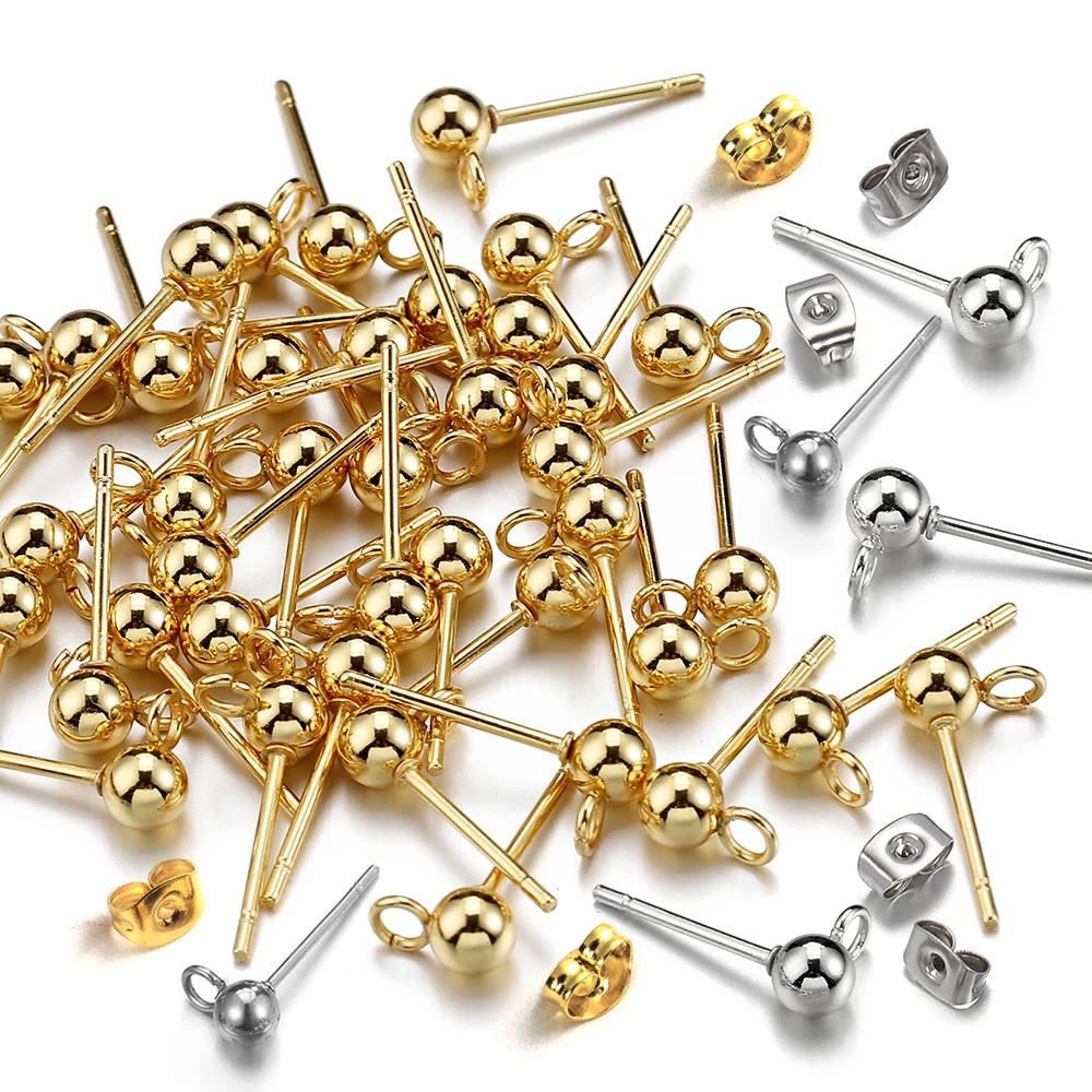100pcs/20pcs Stainless Steel Round Ball Ear Post Studs Ear Backs Open Rings Gold Color Earrings for DIY Jewelry Making Wholesale