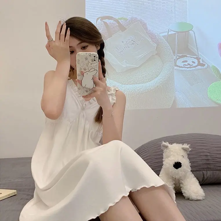 Yasuk Spring Summer Women's Casual Girl Solid Lovely Pullover Sleepwear Pajamas Set Skirt Long Nightdress Lace Sleeveless