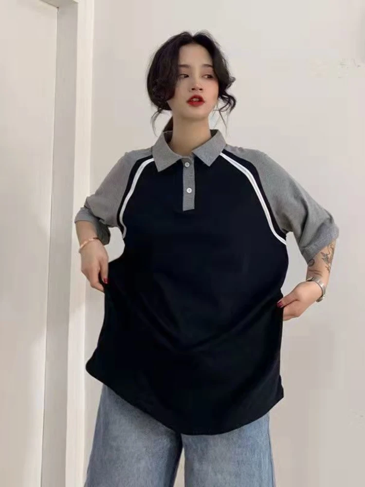 

Рубашка-поло в американском стиле, Ретро футболка с коротким рукавом для мужчин и женщин, свободная уличная одежда в стиле преппи для пар, на...