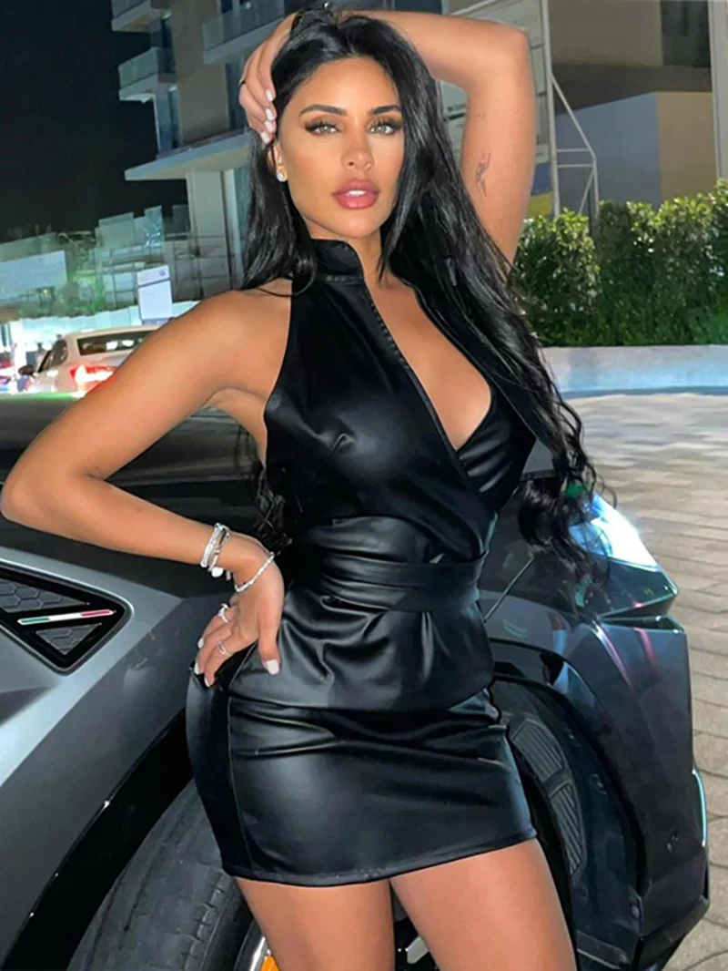

Women Fashion Backless Sexy Low Cut Slim PU Leather Dress with Belt V-Neck Halter Bodycon Dresses Wetlook Moto Party Clubwear