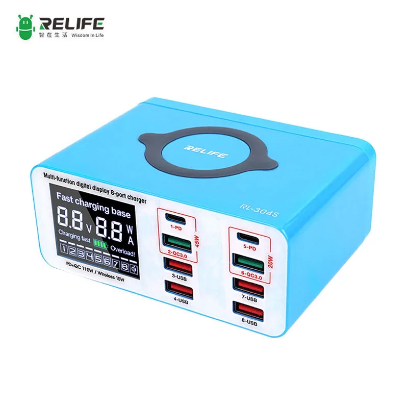 

Relife RL-304S Multi-functional Digital Display 8 Port Charger Support QC 3.0 Wireless Charging with LCD Display for Laptop