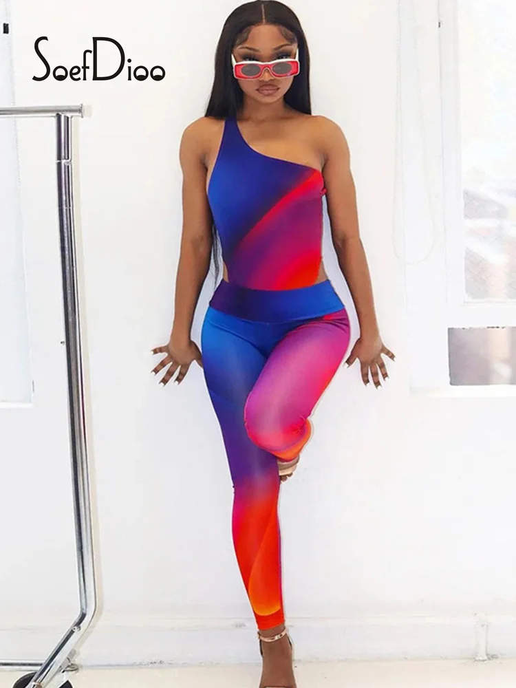

Женский комплект из двух предметов Soefdioo, комбинезон на одно плечо и брюки с высокой талией, летний модный спортивный костюм, 2022