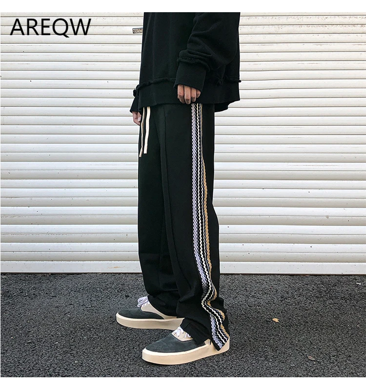 

Men's Spring And Autumn High Street Vibe Striped Ribbon Splicing Sweater Pants Men's Zipper Split Tide Brand Casual Pants Loose