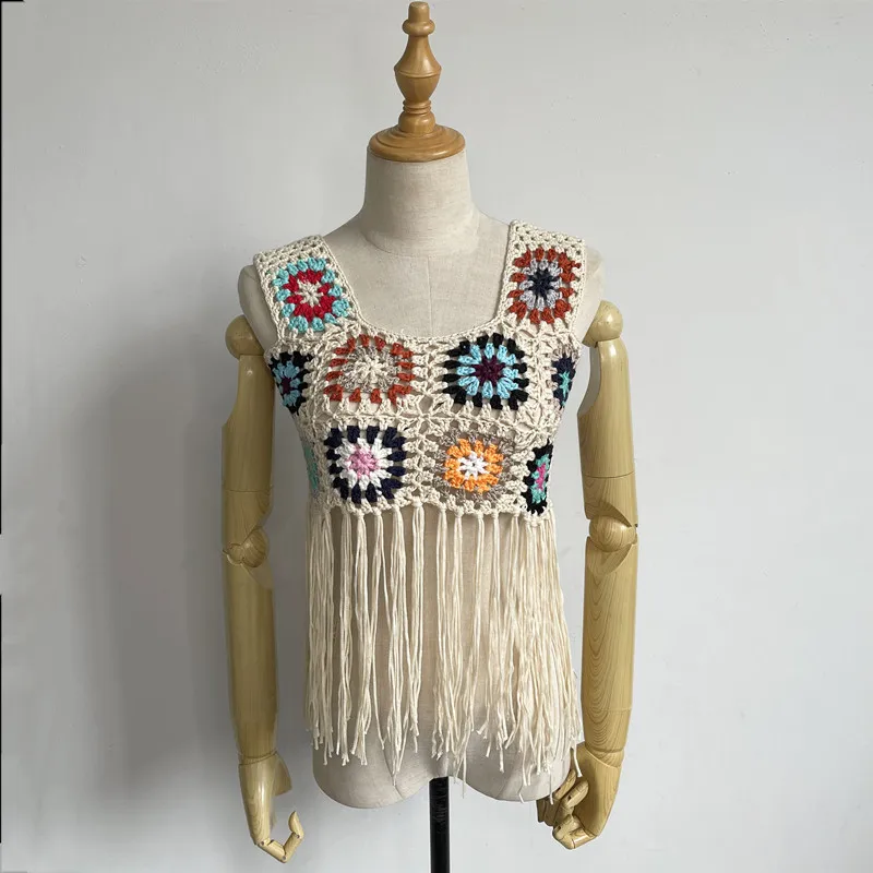 

Hand-woven Tassel Tanks Tops Women Crochet Hollow Out Tanks Women Holiday Hook Hollow Out Tops