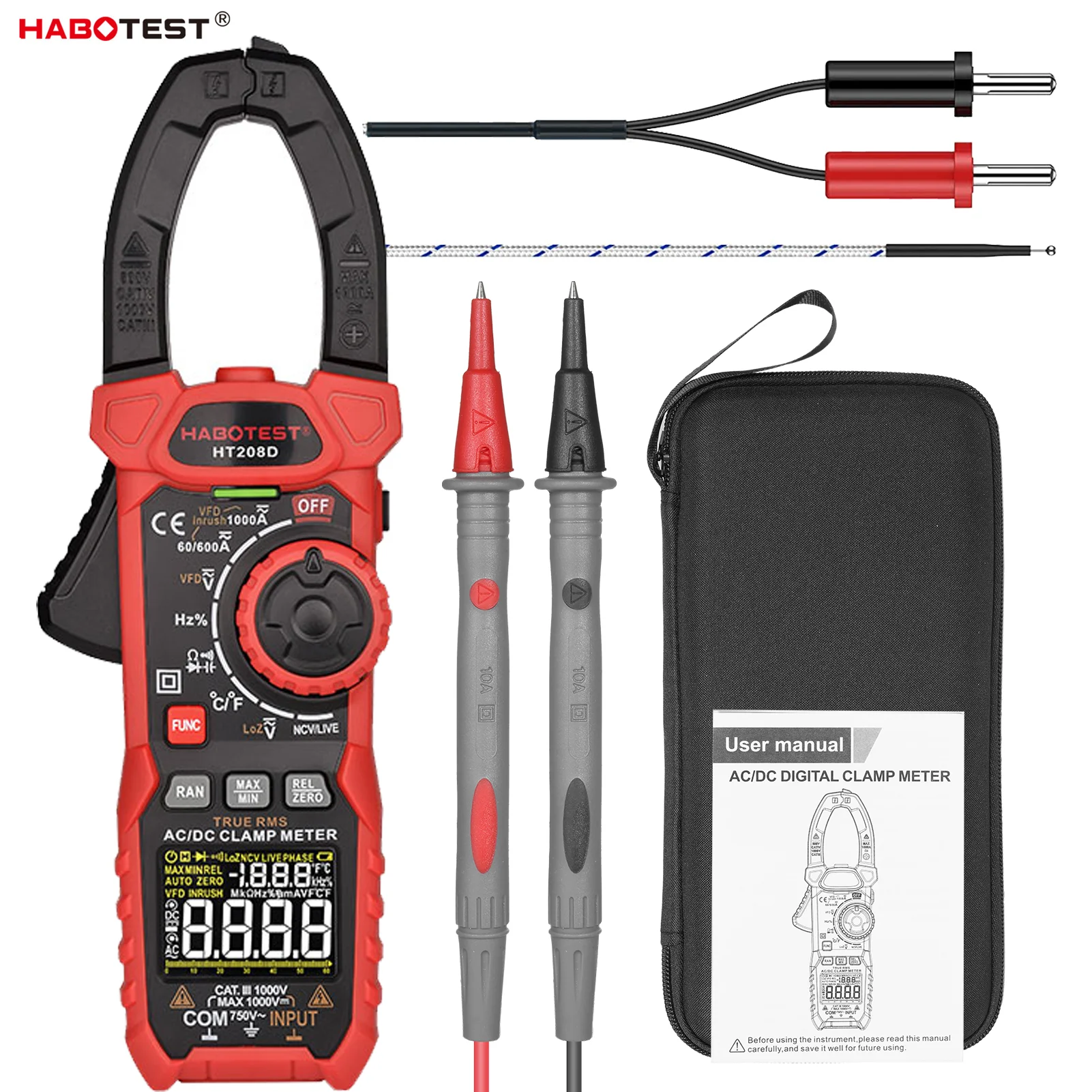 

HABOTEST HT208D Digital Clamp Meter AC/DC True-RMS Multimeter Anto-Ranging Tester Current Clamp Digital Ammeter Clamp Meter