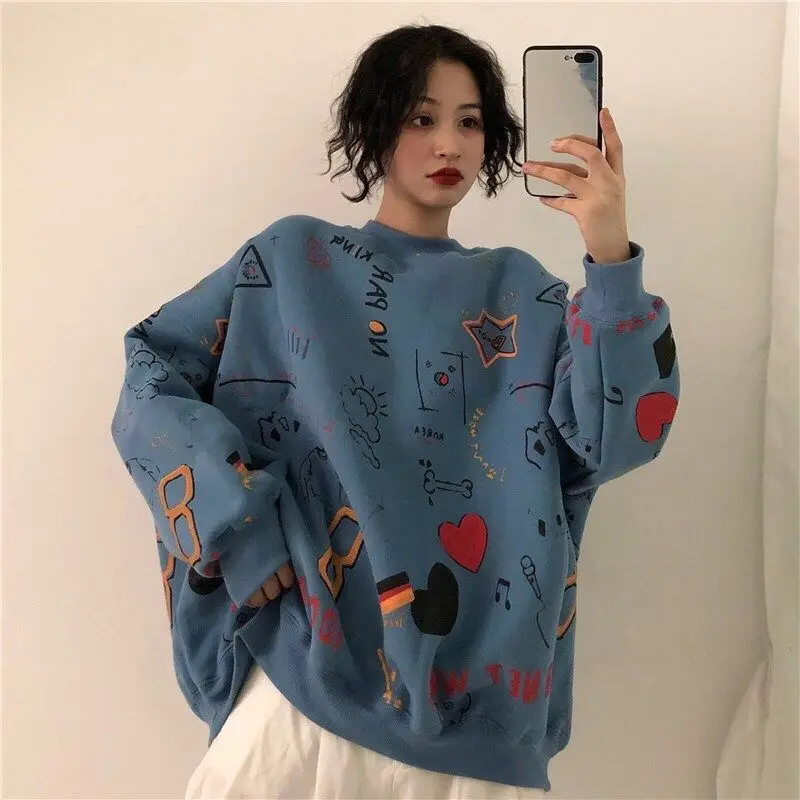 Autumn Winter 2021 New Women's Sweetshirts Korean Cartoon Print Casual Loose Long Sleeves Harajuku Hoodie Kawaii Couples Clothes
