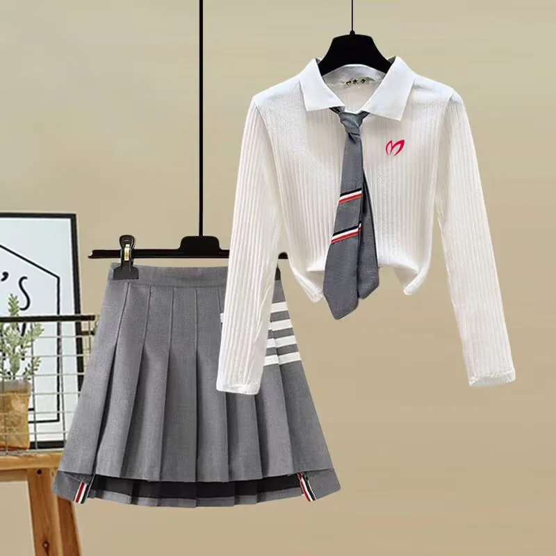 2023 spring and summer new polo sweater top+pleated skirt short skirt suit women's high waist slim A-line skirt golf skirt suit