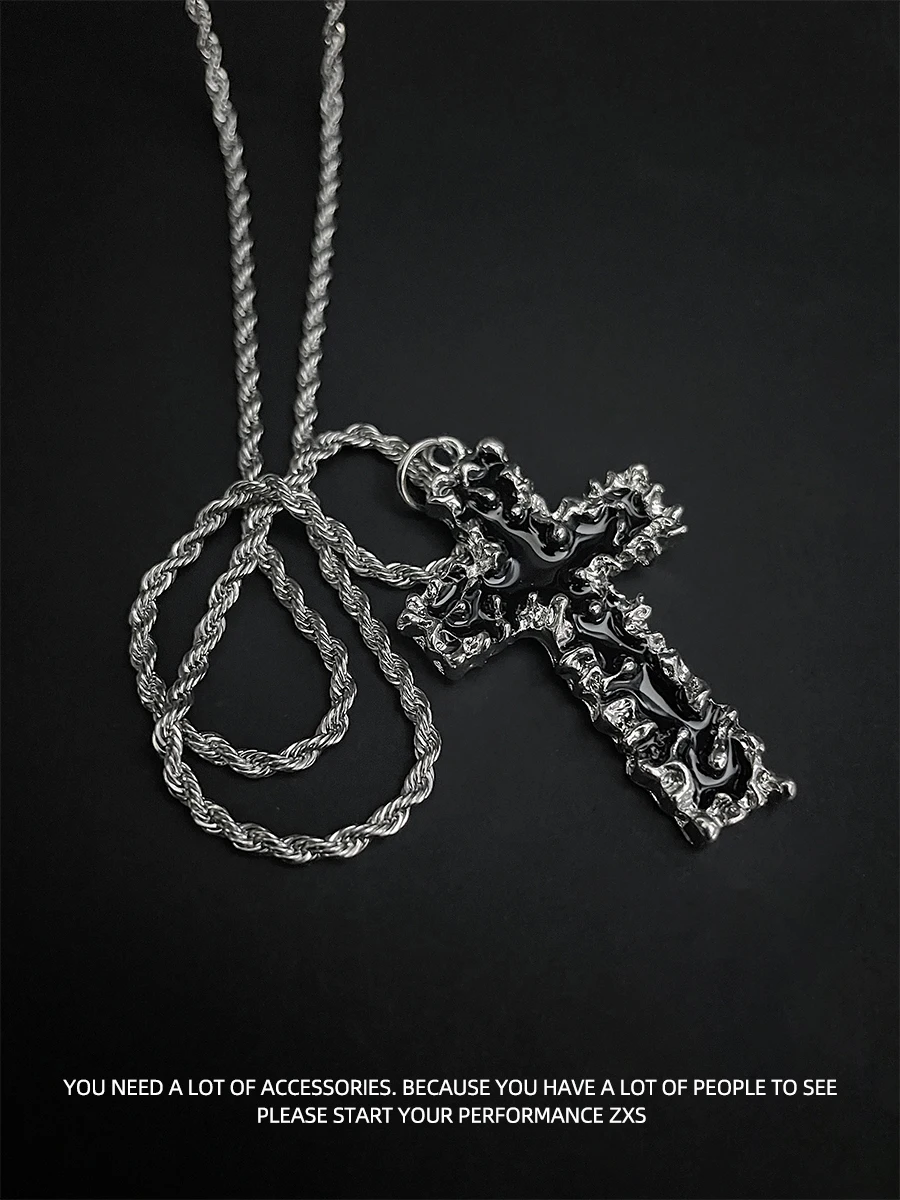 ZXS Cold Wind Thorn Lava Cross Necklace Men's and Women's Trendy Titanium Steel Hip-hop Street Ins Pendant Sweater Chain