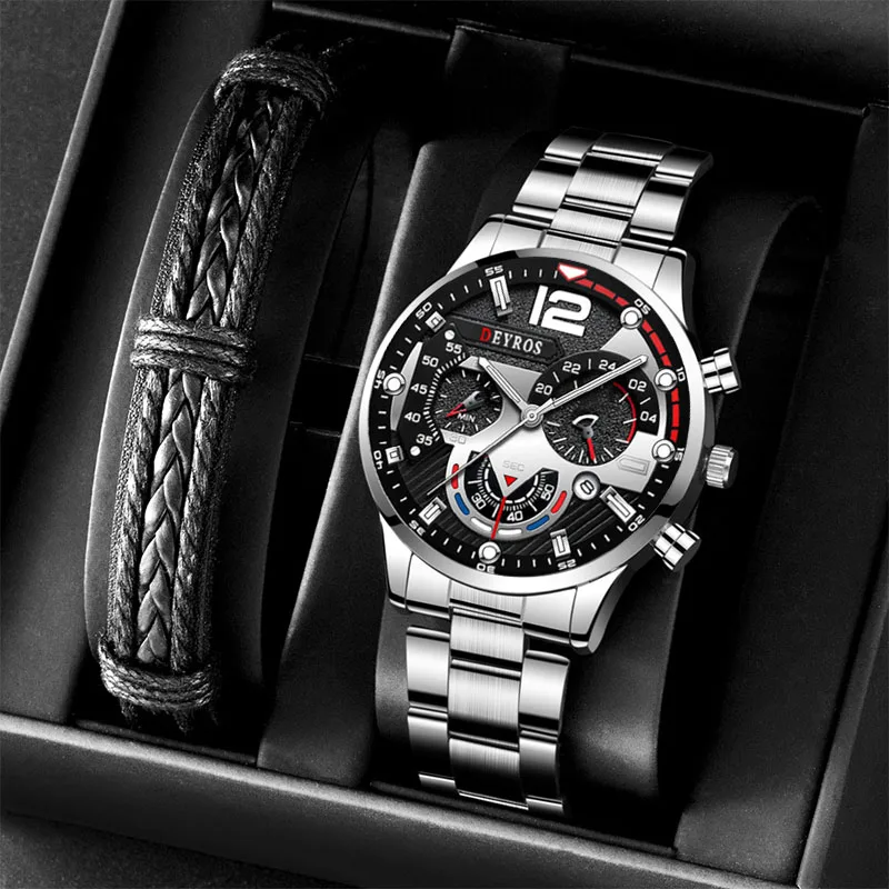 

Fashion Mens Sport Watches Men Luxury Silver Stainless Steel Wrist Watch Calendar Male Casual Leather Bracelet Luminous Clock