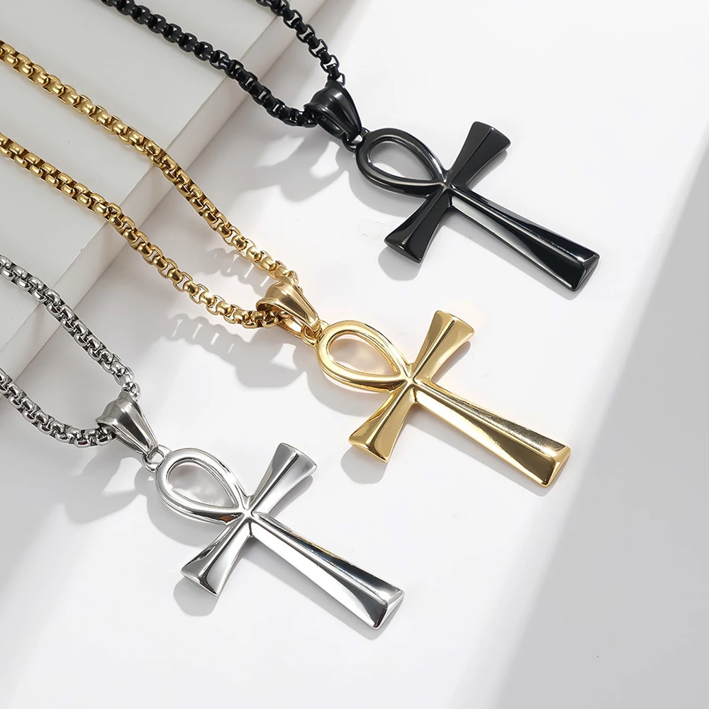 Classic Simple Egyptian Ankh Cross Necklaces For Men Women Stainless Steel Symbol of Life Cross Pendant Amulet Jewelry Gifts