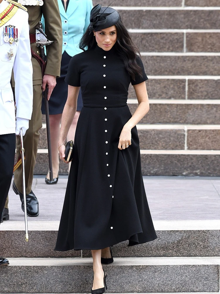 

Fashion New Summer Women's Midi Dress High Quality Elegant Vintage High Street Party Casual Office Button Black Dress
