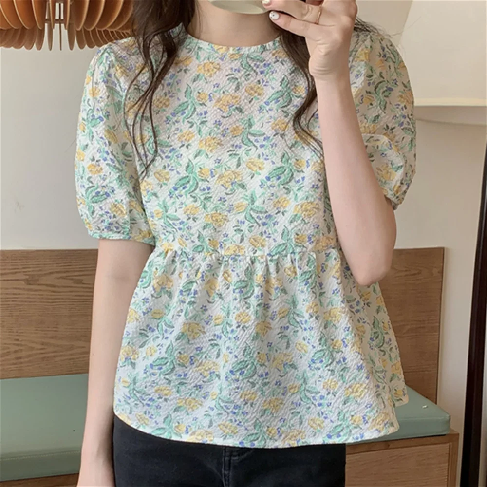 

HziriP Sweet Girls Blouses Short Sleeve Summer Gentle Casual Loose 2022 Office Lady Florals New Elegant All Match Printed Tops