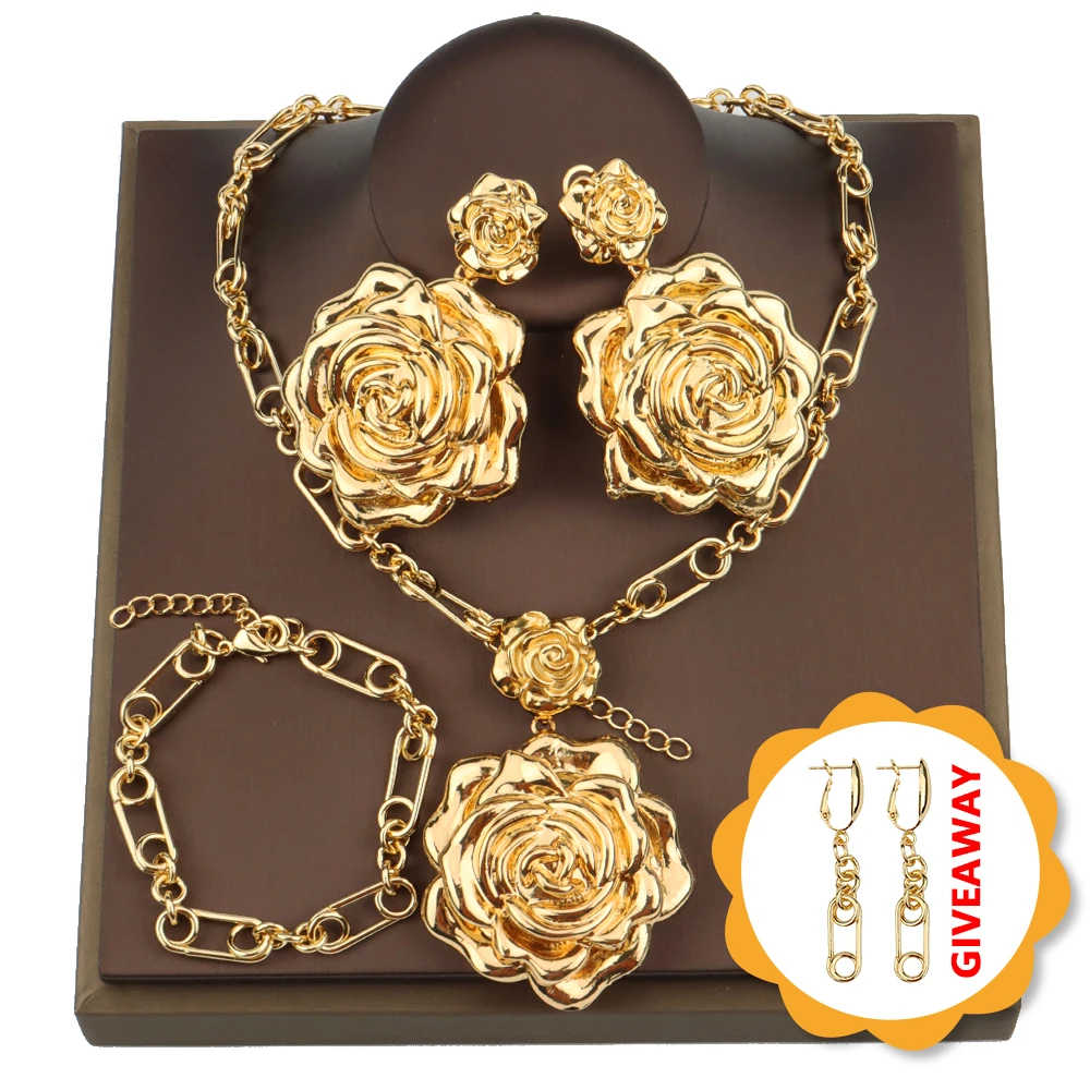

Dubai Fashion Jewelry Sets For Women Rose Necklace Earrings Bangle Ring Gold Plated Jewelry Set For Bride Wedding Party Gift