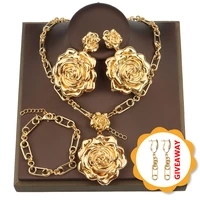 dubai fashion jewelry sets for women rose necklace earrings bangle ring gold plated jewelry set for bride wedding party gift