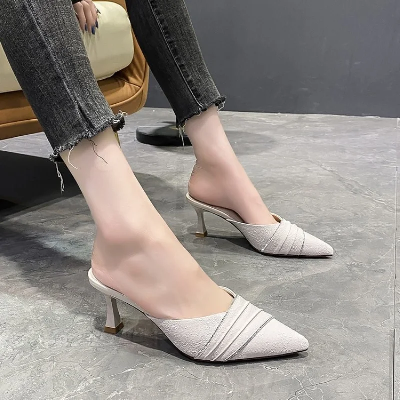 A8 Summer New Pointed Rhinestone Slippers Women's Style Fashion Shallow Mouth Comfortable High Heel Single Shoe Women