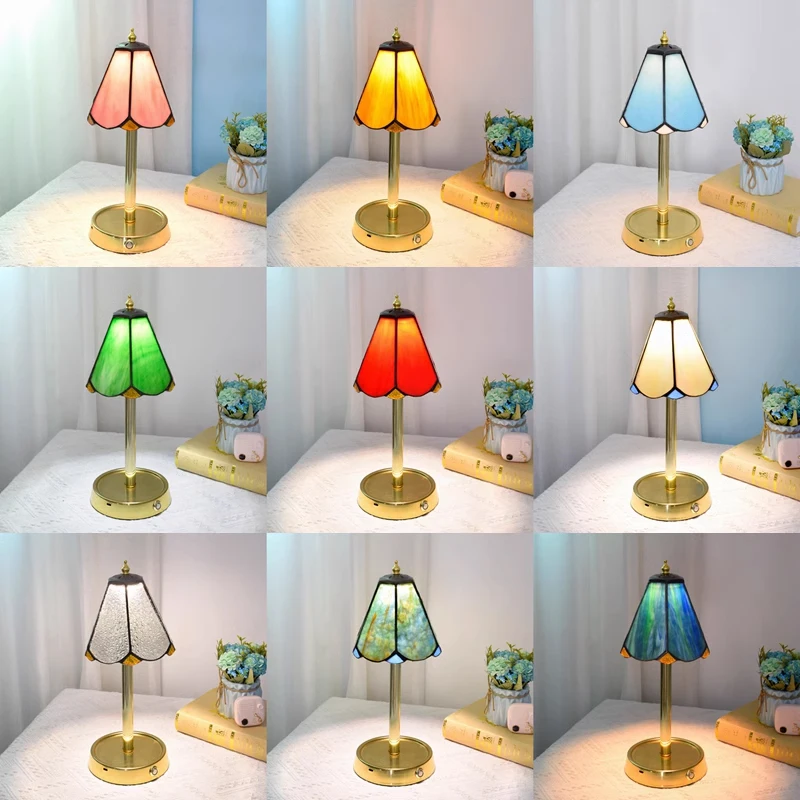 Tiffany Vintage Stained Glass Table Lamps Rechargeable Touch Sensor Desk Lamp Bedroom Study Home Decor Dimmable Led Night Lights