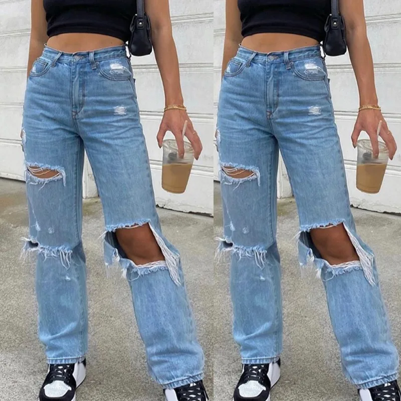 2023 Jeans Trousers with Holes and Fine Buttons High Waist Pockets Elastic Women's Clothes with Holes Loose Denim Trousers