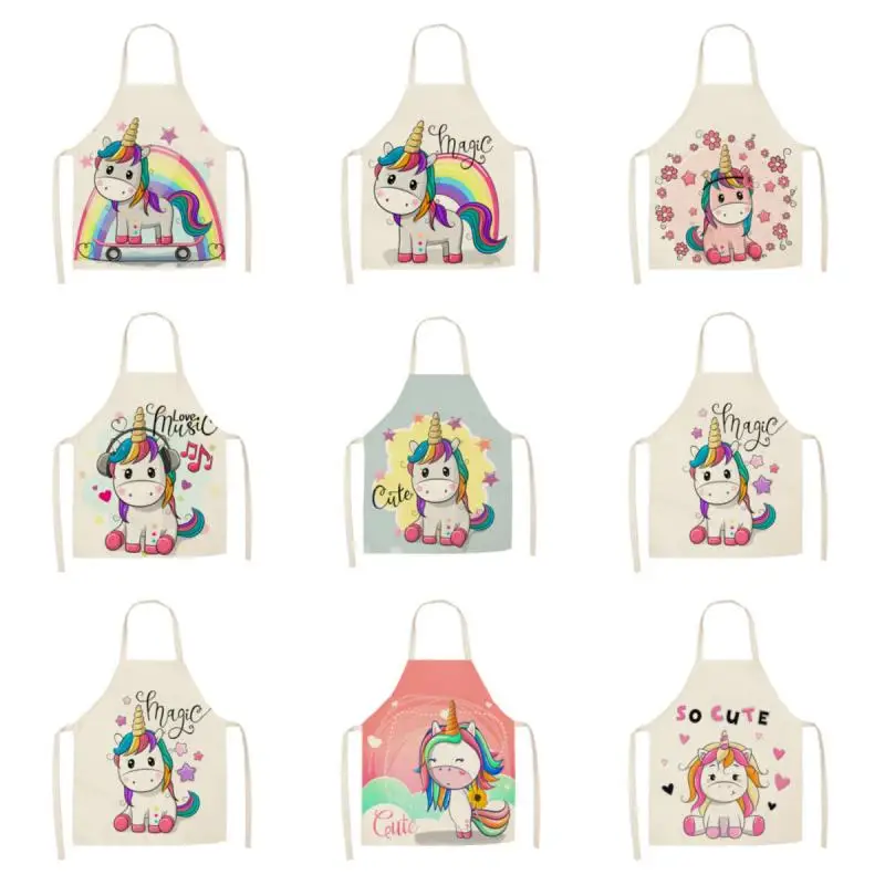 

Parent-Child Apron Kitchen Cartoon Rainbow Unicorn Print Sleeveless Cotton and Linen Apron for Men and Women Home Cleaning Tools
