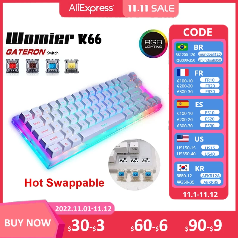 

Womier K66 Keys Hot Swappable Mechanical Gaming Keyboard Tyce-C Wired RGB Backlit Gateron Switch Crystalline Base for PC Laptop