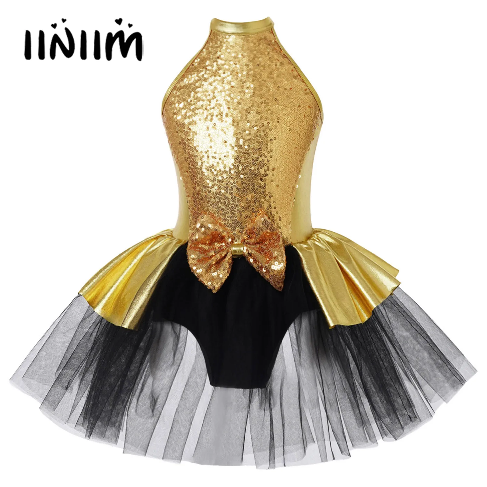 

Kids Girls Ballet Tutu Dresses Round Neckline Sparkling Sequins Bowknot Decorated Straps Hollow Back Tutu Mesh Dance Dress