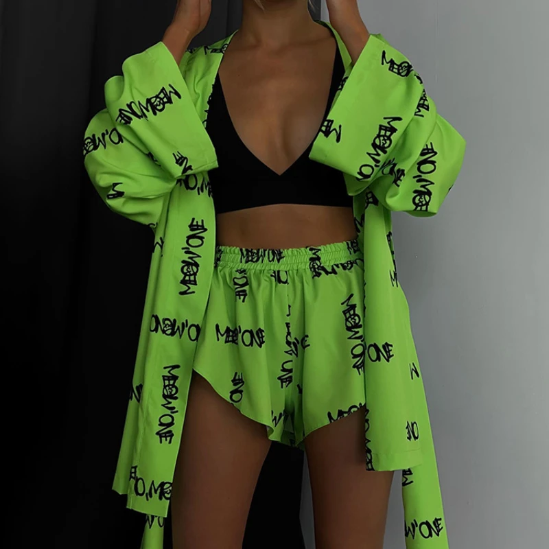 Letter Print Bandage Casual Tracksuit Women Cotton Linen Two Piece Set Summer Shirt Top Vacation Shorts Outfits Matching Suits